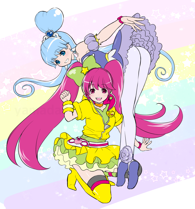 10s, 2girls, :d, aino_megumi, alternate_form, ass, asymmetrical_footwear, asymmetrical_legwear, ballerina, bent_over, black_legwear, blue_eyes, blue_footwear, blue_hair, blue_skirt, boots, bow, brooch, choker, clenched_hand, cure_lovely, cure_lovely_(lollipop_hip_hop), cure_princess, cure_princess_(sherbet_ballet), dress, earrings, full_body, grin, hair_bow, hair_bun, happinesscharge_precure!, heart, heart_brooch, heart_hair_bun, high_heel_boots, high_heels, hood, hood_down, hooded_jacket, jacket, jewelry, kneeling, layered_skirt, leaning_forward, long_hair, looking_at_viewer, looking_back, magical_girl, mismatched_footwear, multiple_girls, open_mouth, pantyhose, petticoat, pink_eyes, pink_hair, precure, purple_dress, purple_skirt, rainbow_background, shirayuki_hime, shoes, short_sleeves, single_boot, single_hair_bun, single_shoe, skirt, smile, squatting, star_(symbol), star_earrings, strapless, strapless_dress, thigh_boots, thighhighs, tiara, tiptoes, twintails, uneven_legwear, unzipped, very_long_hair, white_legwear, wrist_cuffs, wristband, yamada_ichizoku, yellow_boots, yellow_dress, yellow_jacket, yellow_skirt, zettai_ryouiki