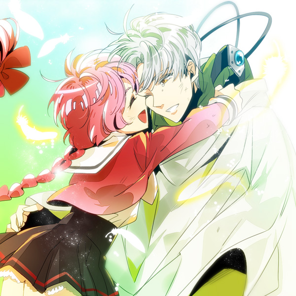 1990s_(style), 1boy, 1girl, bishounen, braid, cape, couple, eagle_vision