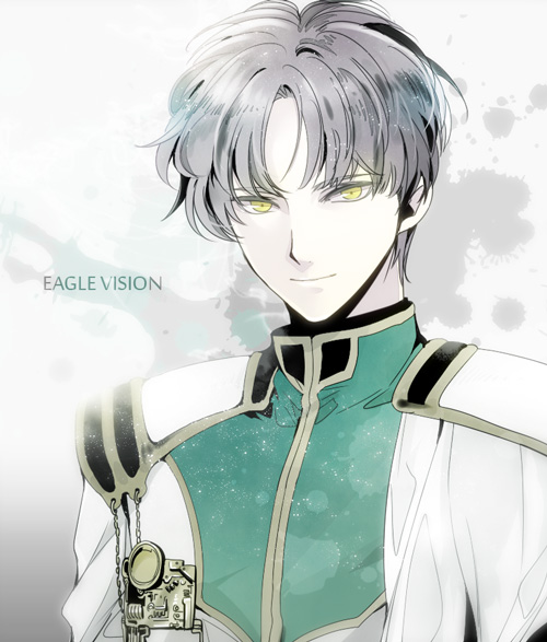 1990s_(style), 1boy, bishounen, character_name, coat, eagle_vision, grey_hair, iyutani