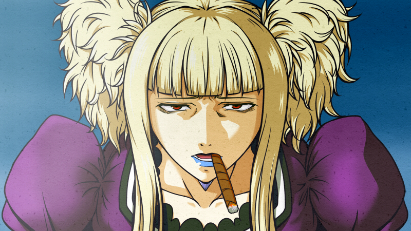 10s, 1girl, alternate_costume, alternate_hairstyle, aoki_hagane_no_arpeggio, ayanagi_gumimi, balalaika_(black_lagoon), black_lagoon, blonde_hair, blue_lips, cigar, cosplay, female_focus, kongou_(aoki_hagane_no_arpeggio), kongou_(aoki_hagane_no_arpeggio)_(cosplay), lipstick, looking_at_viewer, makeup, red_eyes, short_twintails, sidelocks, smoking, solo, twintails