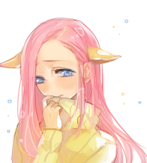 1girl, animal_ears, blue_eyes, extra_ears, female_focus, fluttershy, forehead, gyehu, horse_ears, horse_girl, long_hair, my_little_pony, my_little_pony:_friendship_is_magic, no_nose, personification, pink_hair, shy, solo, turtleneck, white_background