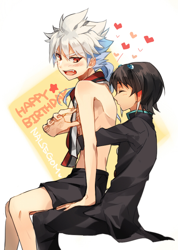 2boys, bad_id, bad_pixiv_id, blue_hair, blush, english_text, closed_eyes, hair_ornament