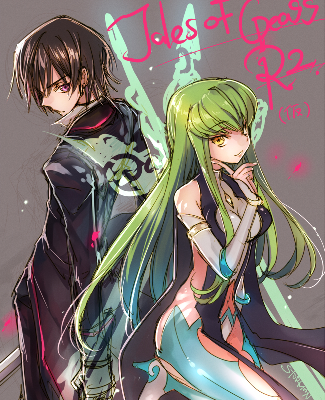 1boy, 1girl, :3, bandai_namco, bare_shoulders, black_hair, c.c., code_geass, company_connection, cosplay, creayus, detached_sleeves, gaius_(tales), gaius_(tales)_(cosplay), green_hair, lelouch_vi_britannia, long_hair, looking_at_viewer, looking_back, muzet_(tales), muzet_(tales)_(cosplay), purple_eyes, shiny_clothes, short_hair, smile, sword, tales_of_(series), tales_of_xillia, tales_of_xillia_2, weapon, yellow_eyes