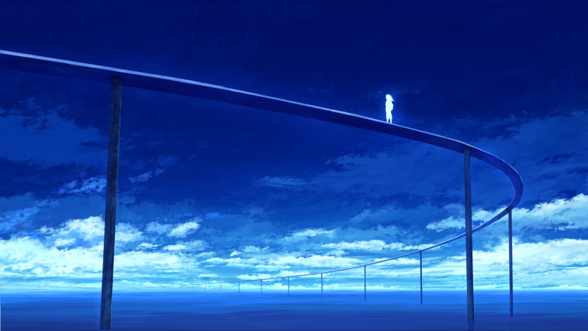 1girl, blue_sky, blue_theme, cloud, female_focus, glowing, highres, mks, monochrome, ocean, outdoors, pathway, scenery, silhouette, sky, solo, surreal