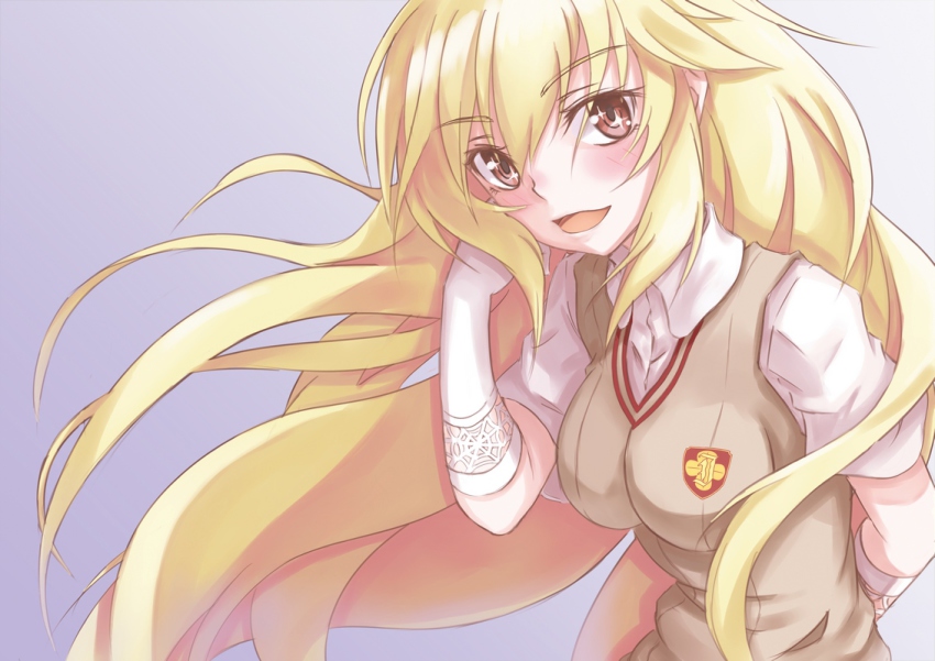 +_+, 1girl, azalea_(thenewhorde), blonde_hair, breasts, brown_eyes, elbow_gloves, female_focus, gloves, long_hair, looking_at_viewer, school_uniform, shokuhou_misaki, solo, sweater_vest, toaru_kagaku_no_railgun, toaru_majutsu_no_index, v-neck, white_gloves