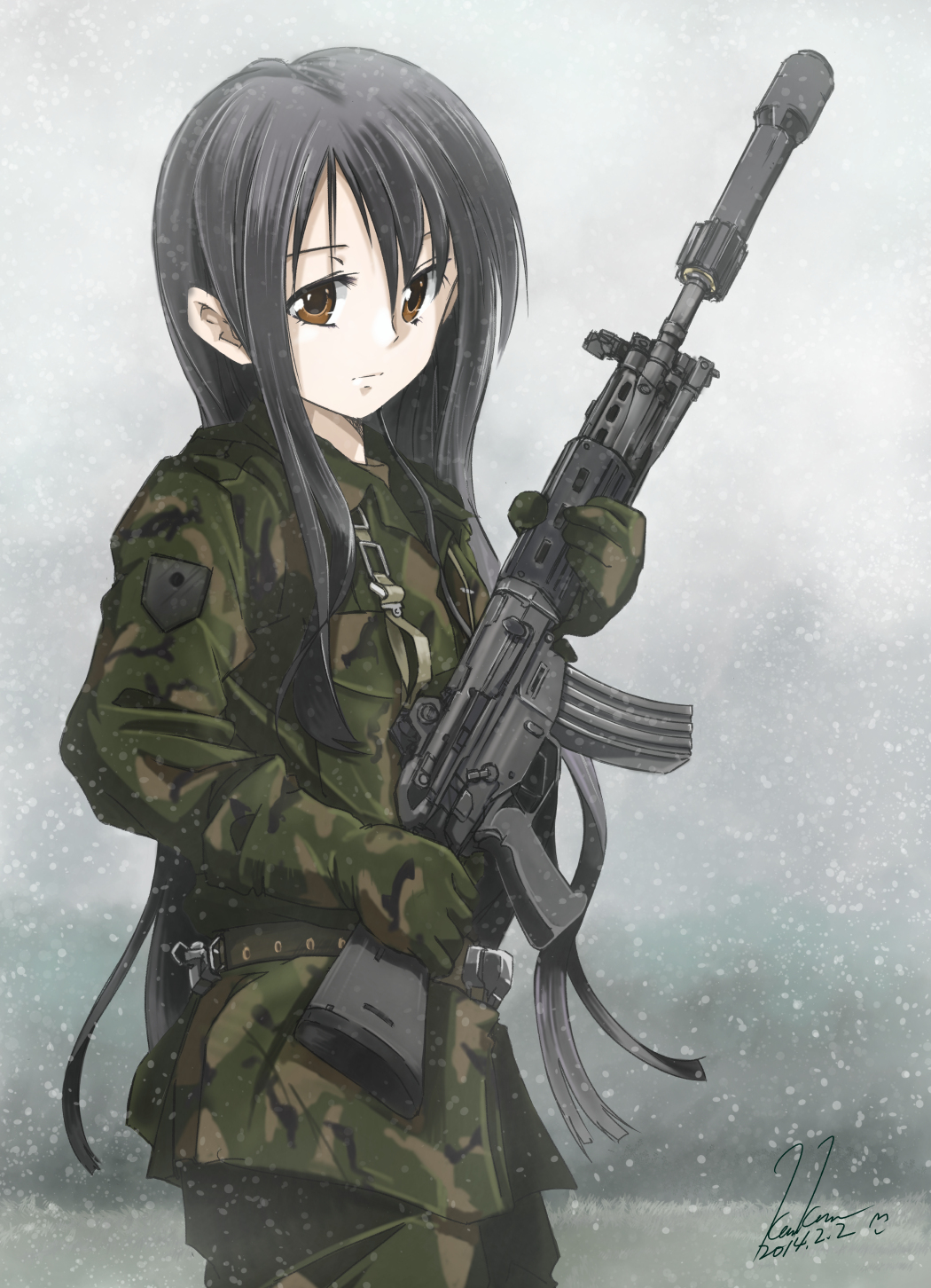 1girl, ammunition, artist_name, assault_rifle, belt, black_hair, brown_eyes, dated