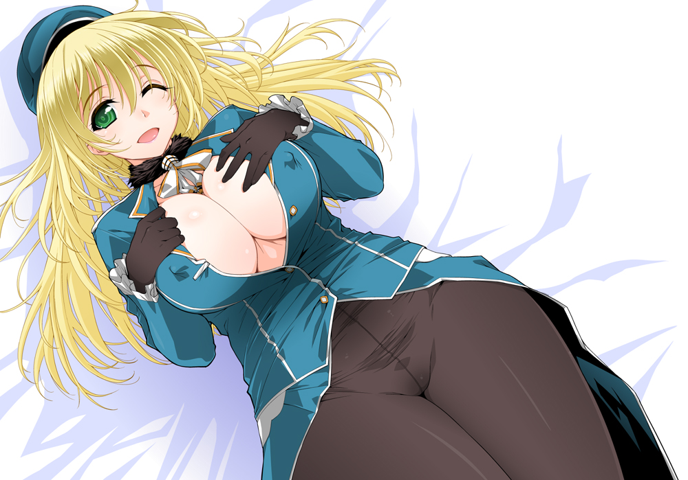 10s, 1girl, atago_(kancolle), bed, black_pantyhose, blonde_hair, breasts, cleavage
