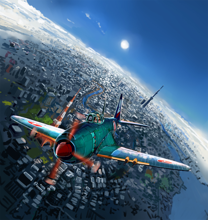 1girl, aircraft, airplane, brown_hair, city, cityscape, cloud, cover, cover_page, female_focus, from_above, highres, horizon, nogami_takeshi, original, scenery, shidenkai_no_maki, sky, solo, tokyo_(city), tokyo_skytree, tokyo_tower, tower, vehicle_focus
