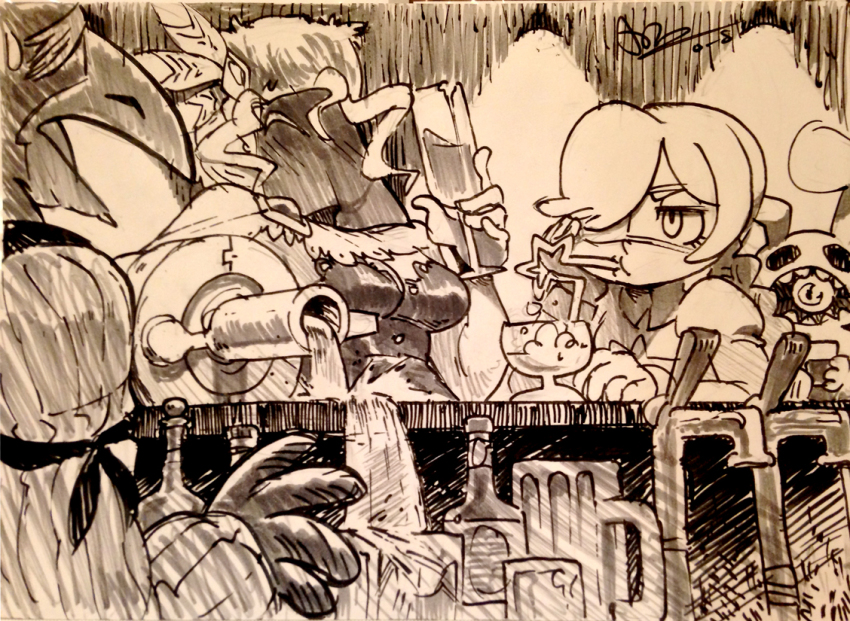 2girls, alex_ahad, amputee, annie_(skullgirls), arm_cannon, bendy_straw, black_dahlia, drink