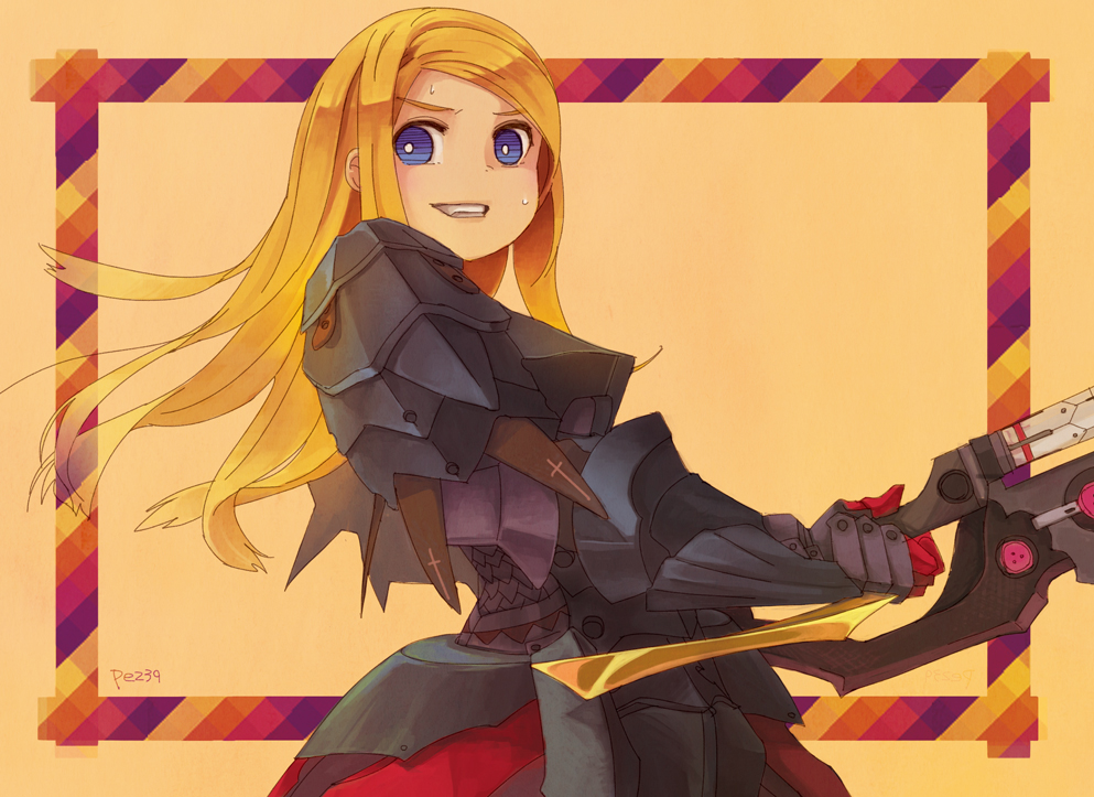 1girl, armor, blonde_hair, blue_eyes, breastplate, etrian_odyssey, female_focus, framed
