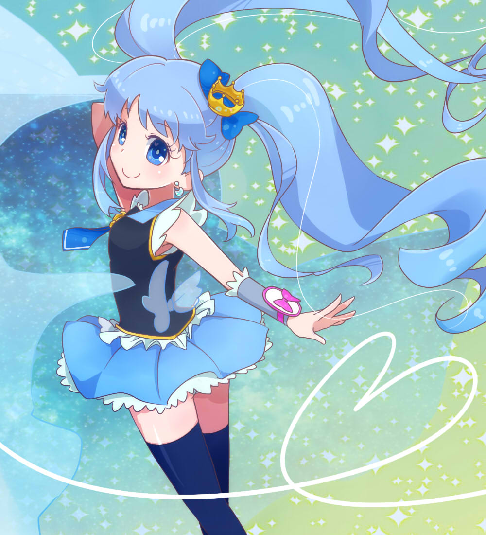 10s, 1girl, blue_eyes, blue_hair, blue_thighhighs, crown, cure_princess, female_focus