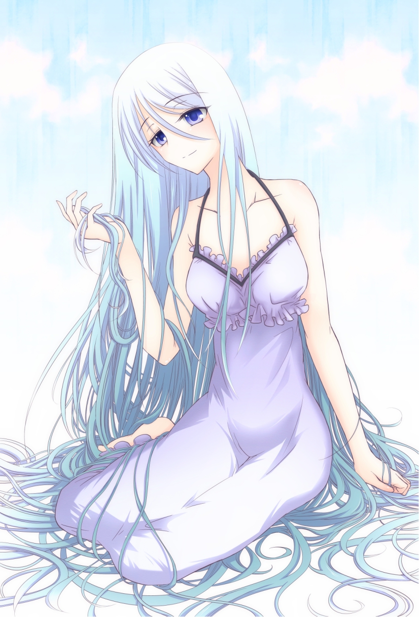 1girl, absurdly_long_hair, aqua_hair, bad_id, bad_pixiv_id, barefoot, blue_eyes, blue_hair