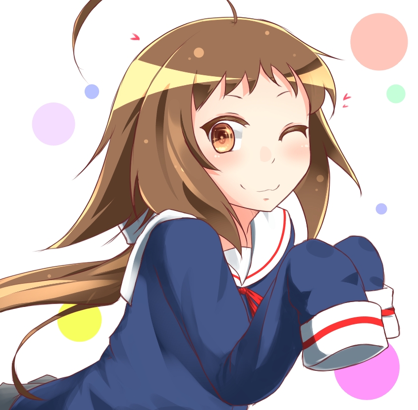 1girl, ;3, ahoge, brown_eyes, brown_hair, circle, female_focus, heart, inori, inori_(xyz5568), long_hair, long_sleeves, looking_at_viewer, mikakunin_de_shinkoukei, mitsumine_mashiro, one_eye_closed, school_uniform, sleeves_past_wrists, solo, wink