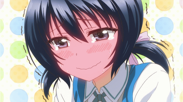 1girl, animated, animated_gif, anime_screenshot, blue_eyes, blue_hair, blush, close-up, d-frag!, female_focus, full-face_blush, funabori, ijimeka_(meme), low_twintails, matching_hair/eyes, meme, non-web_source, polka_dot, polka_dot_background, purple_eyes, school_uniform, smile, solo, sweat, tears, trembling, twintails, wavy_mouth