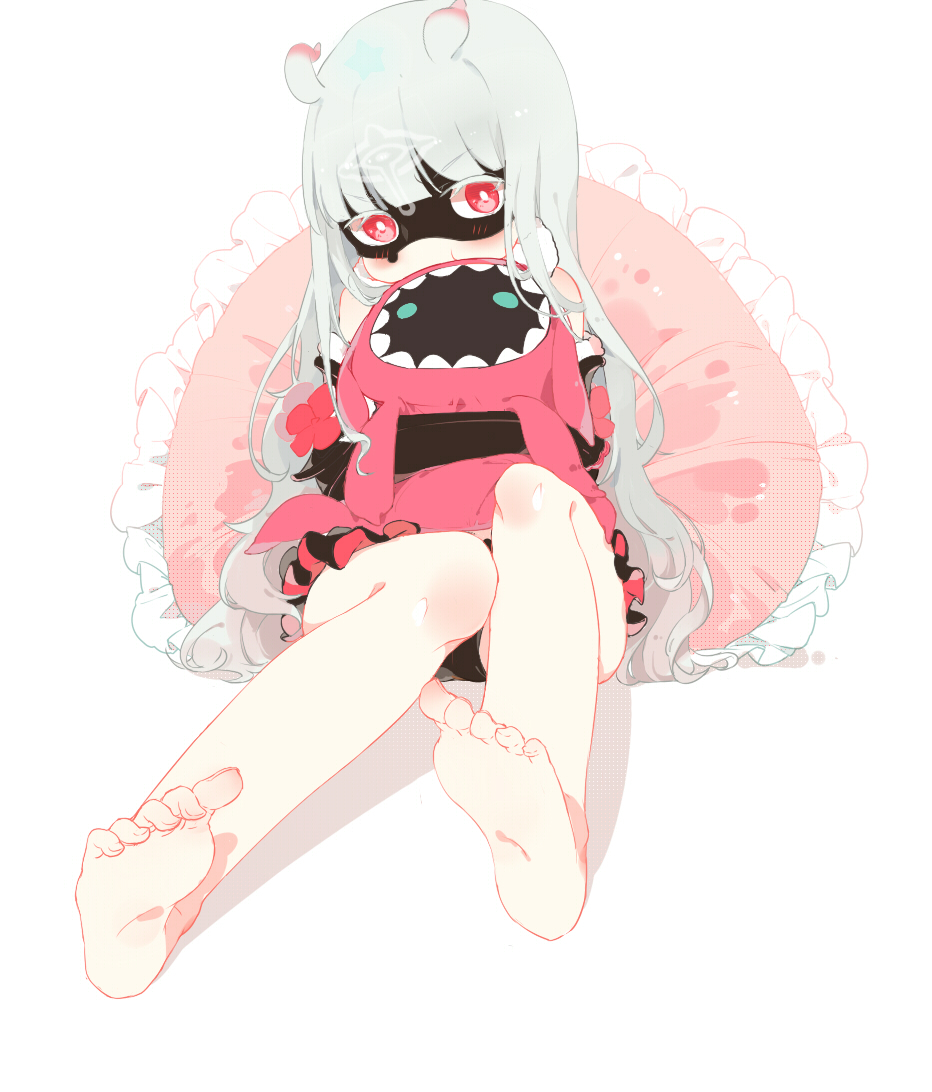 10s, 1girl, :t, aloin.g, bad_id, bad_pixiv_id, barefoot, blunt_bangs, blush, child, elbow_gloves, feet, female_focus, foot_focus, frills, galaktika, gloves, hoshimiya_kate, long_hair, looking_at_viewer, mask, pillow, pout, red_eyes, sekai_seifuku:_bouryaku_no_zvezda, silver_hair, sitting, soles, solo, stuffed_toy, toes, venera-sama, white_background