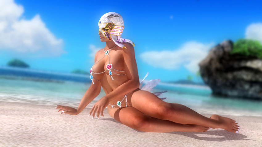 1girl, 3d, arthemis_bikini, barefoot, beach, bikini, breasts, dark-skinned_female