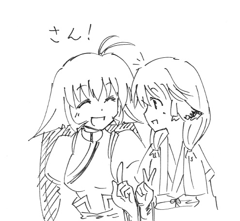 00s, 2girls, :d, ^_^, animal_ears, antenna_hair, aruruu, blush, closed_eyes, dog_ears, dress, greyscale, index_finger_raised, iuiu, camyu, long_sleeves, lowres, monochrome, multiple_girls, open_mouth, simple_background, smile, upper_body, utawarerumono, v