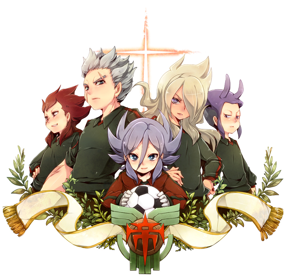 5boys, asukaji_sakuya, blonde_hair, blue_eyes, blush, brown_eyes, cross, gloves, grey_hair, hat, inazuma_eleven, inazuma_eleven_(series), inazuma_eleven_go, itsumi_kunihiko, long_hair, looking_at_viewer, male_focus, mikado_haruma, miyabino_reiichi, multiple_boys, purple_eyes, red_hair, ryuuzaki_ouji, shirt, short_hair, simple_background, smile, soccer_uniform, sportswear, standing, tobi_(one), white_background