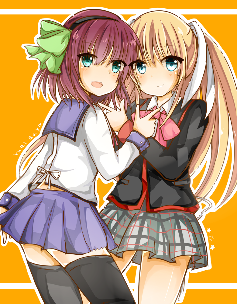 10s, 2girls, angel_beats!, bad_id, bad_pixiv_id, blonde_hair, blue_eyes, bow