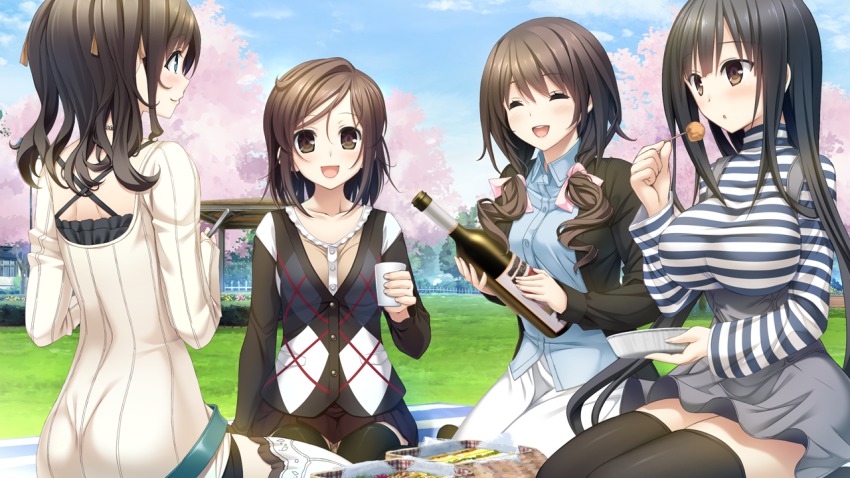 4girls, aikawa_arisa_(kiss_ato), black_eyes, black_hair, black_legwear, blue_eyes, blush, bottle