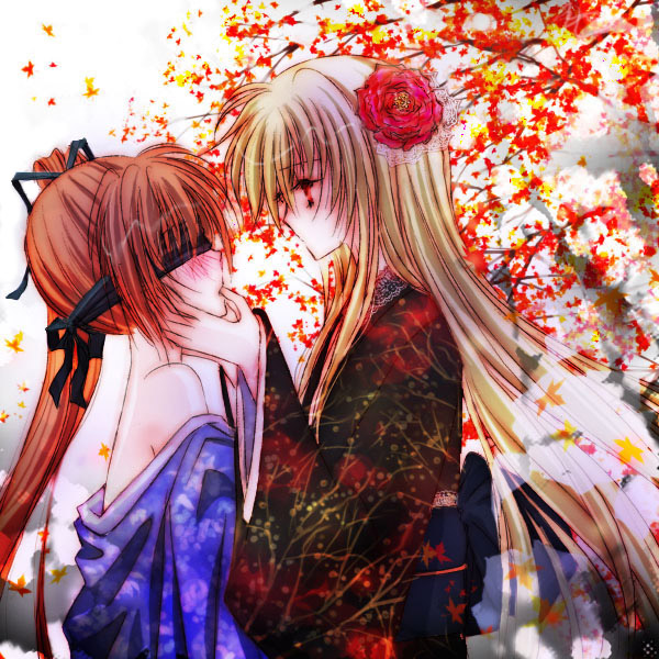 00s, 2girls, autumn_leaves, bare_shoulders, blindfold, blonde_hair, blush, branch, brown_hair, fate_testarossa, finger_in_another's_mouth, flower, flower_on_head, hachikei, hair_flower, hair_ornament, hand_on_another's_cheek, hand_on_another's_face, japanese_clothes, kimono, leaf, long_hair, long_sleeves, looking_at_another, lyrical_nanoha, mahou_shoujo_lyrical_nanoha, mahou_shoujo_lyrical_nanoha_strikers, multiple_girls, no_mouth, off_shoulder, ponytail, red_eyes, red_hair, sidelocks, takamachi_nanoha, tree, yuri