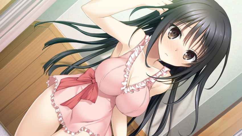 1girl, armpits, arms_up, black_eyes, black_hair, blush, breasts, cleavage