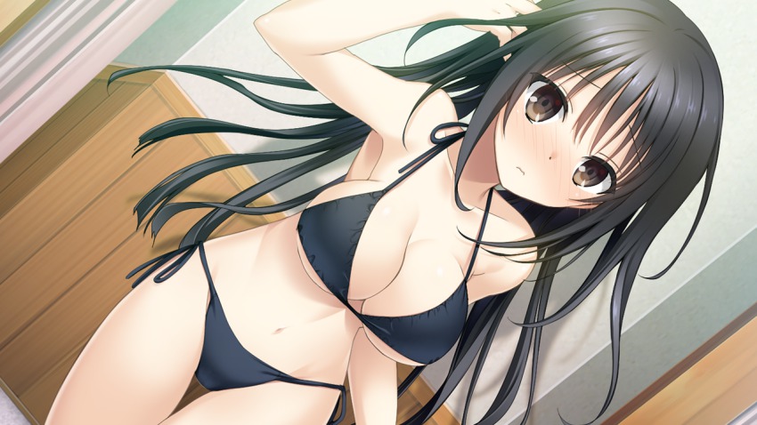 1girl, armpits, arms_up, bare_shoulders, bikini, bikini_top_only, black_eyes, black_hair, blush, breasts, embarrassed, female_focus, game_cg, hitsuji_takako, kiss_ato, large_breasts, legs, long_hair, looking_at_viewer, natsume_azusa, navel, solo, standing, swimsuit, thighs, thong