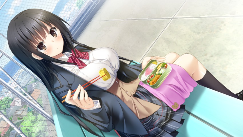 1girl, bench, black_eyes, black_hair, blush, bow, bowtie, breasts