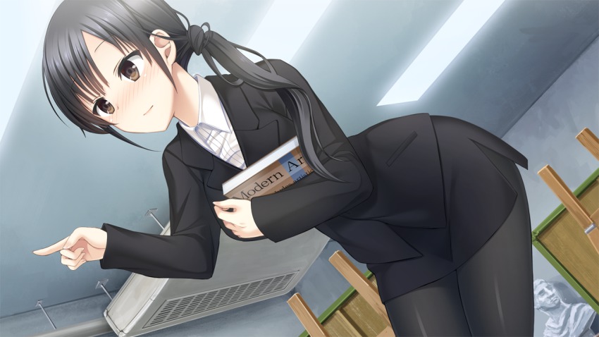 1girl, black_eyes, black_hair, blush, book, breasts, female_focus, formal_clothes