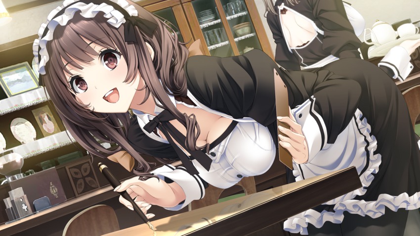 2girls, bent_over, black_hair, breasts, chair, cleavage, fingernails, game_cg, happy, hoshimi_tsukuyo, kiss_ato, large_breasts, long_hair, looking_away, maid, maid_headdress, mikoto_akemi, multiple_girls, open_mouth, pantyhose, pen, red_eyes, smile, standing, table