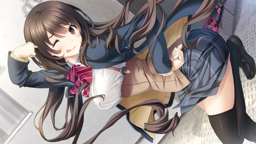 1girl, black_hair, black_legwear, blush, bow, bowtie, breasts, female_focus