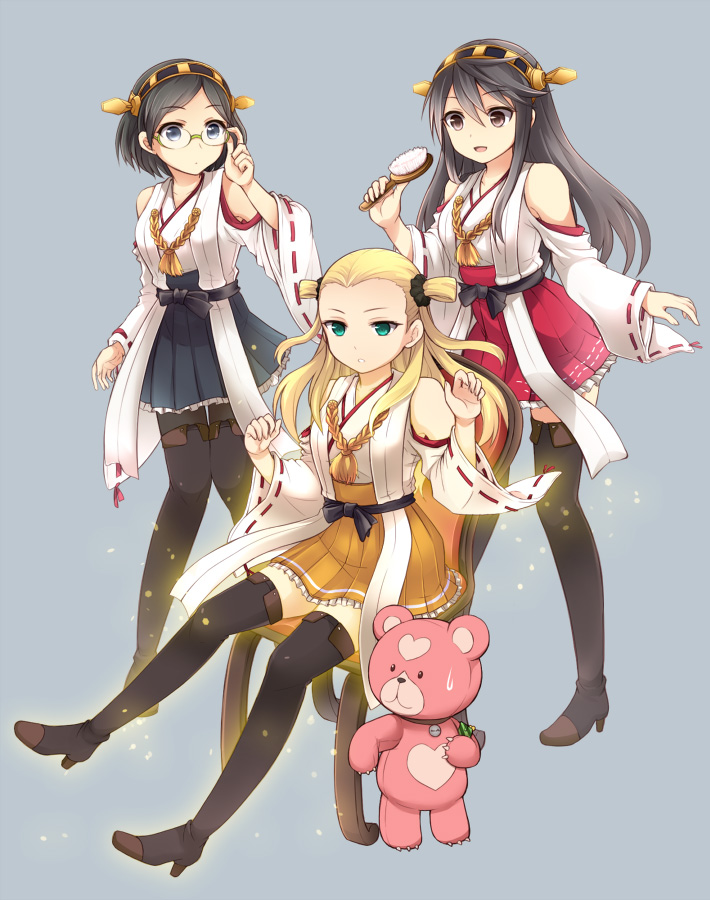 10s, 4girls, :d, adapted_costume, adjusting_eyewear, alternate_costume, alternate_hairstyle, aoki_hagane_no_arpeggio, bare_shoulders, black_hair, blonde_hair, boots, brown_hair, chair, crossover, detached_sleeves, frilled_skirt, frills, glasses, glowing, green_eyes, hair_brush, hair_ornament, hairband, haruna_(aoki_hagane_no_arpeggio), haruna_(kancolle), japanese_clothes, kantai_collection, kirishima_(aoki_hagane_no_arpeggio), kirishima_(kancolle), long_hair, multiple_girls, name_connection, nontraditional_miko, nora_kichi, on_chair, open_mouth, pantyhose, parted_lips, personification, ribbon-trimmed_sleeves, ribbon_trim, scrunchie, short_hair, skirt, smile, stuffed_animal, stuffed_toy, sweatdrop, teddy_bear, thigh_boots, thighhighs, twintails, two_side_up, yotarou_(aoki_hagane_no_arpeggio)