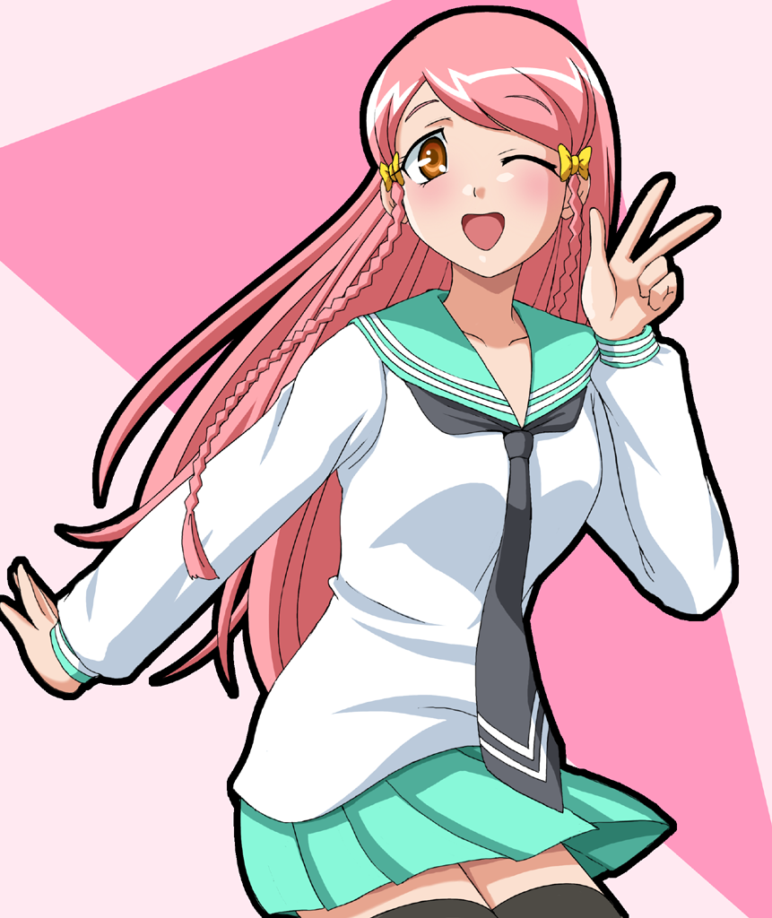 00s, 1girl, ;d, black_thighhighs, blush, braid, brown_eyes, collarbone