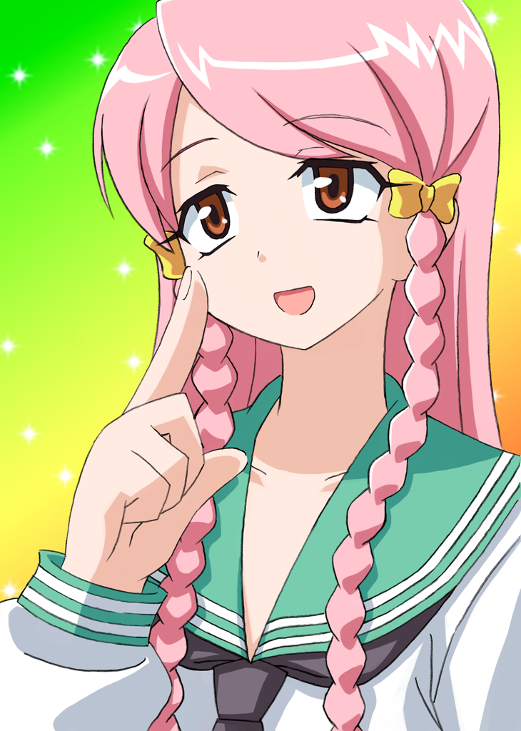 00s, 1girl, :d, braid, brown_eyes, female_focus, hair_ribbon, kage_kara_mamoru!