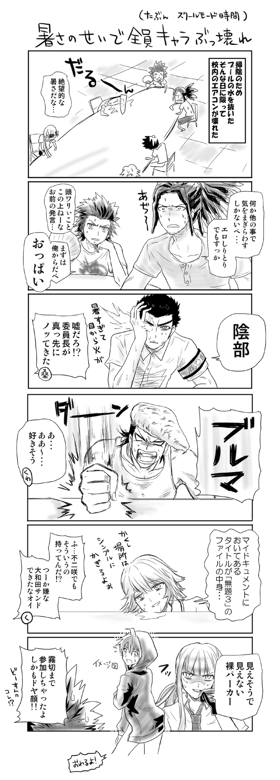 10s, 1girl, 6+boys, absurdres, alternate_hairstyle, comic, danganronpa_(series), danganronpa:_trigger_happy_havoc