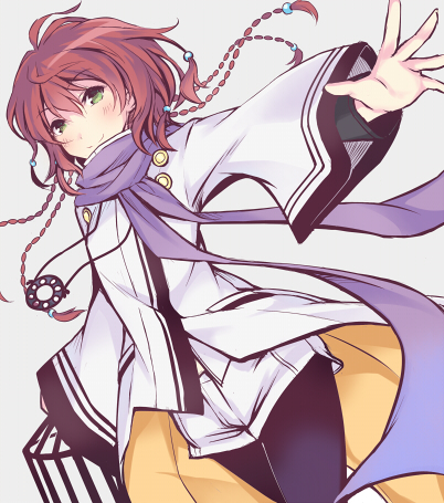 10s, 1girl, bad_id, bad_pixiv_id, blush, braid, female_focus, green_eyes, itoichi., long_hair, long_sleeves, lowres, multiple_braids, pantyhose, red_hair, scarf, smile, solo, souma_takiko, tokyo_ravens