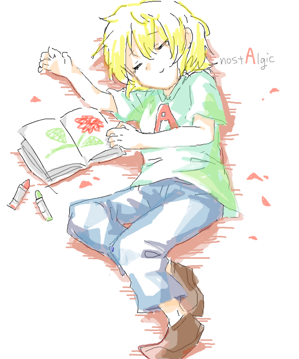 1girl, a_(nostalgic), androgynous, bad_id, bad_pixiv_id, blonde_hair, book, child's_drawing