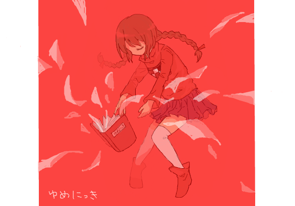 1girl, ankle_boots, bad_id, bad_pixiv_id, book, boots, braid, brown_hair, closed_eyes, copyright_name, female_focus, full_body, knees_together_feet_apart, long_hair, madotsuki, midorikuzira, pleated_skirt, skirt, solo, thighhighs, turtleneck, twin_braids, yume_nikki, zettai_ryouiki