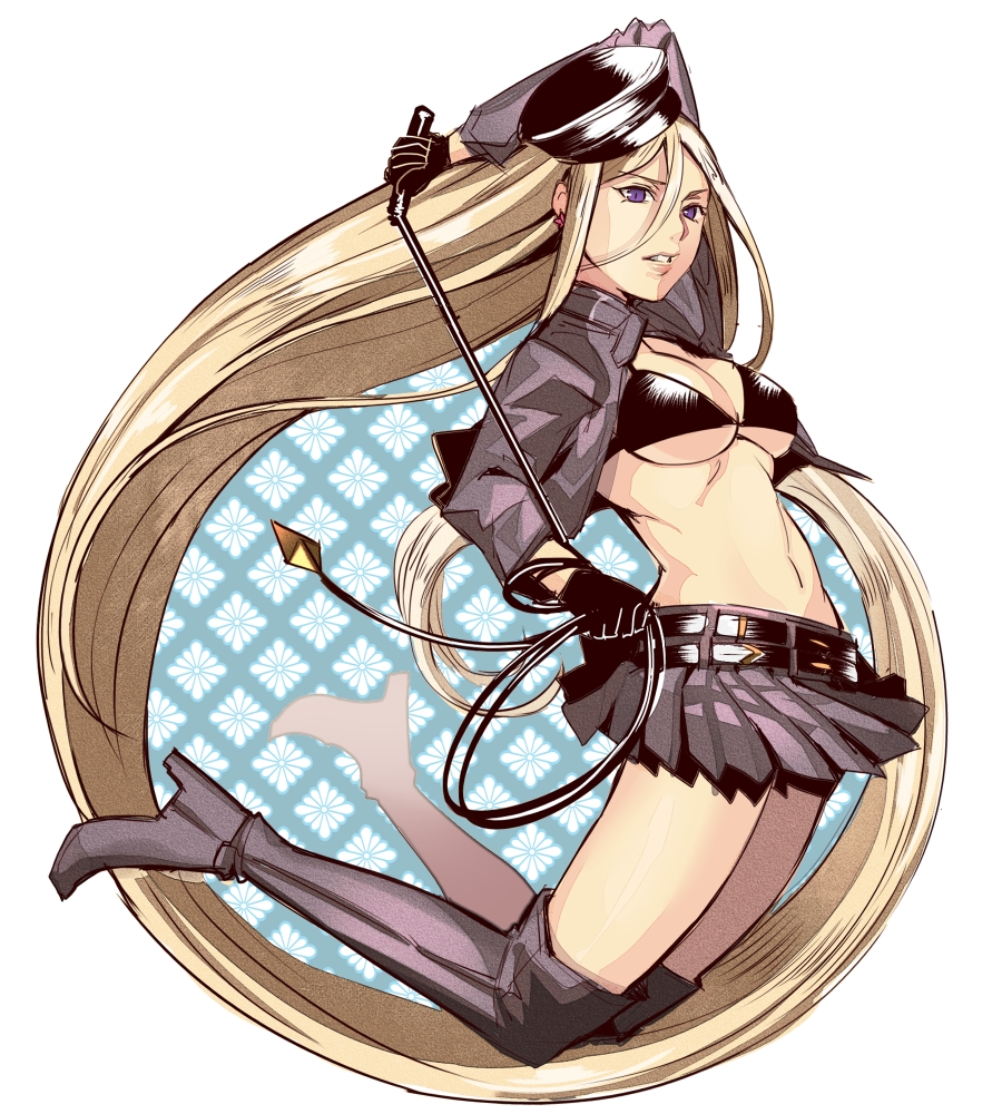 10s, 1girl, belt, bikini, bikini_top_only, bishamonten_(noragami), black_bikini, black_boots, black_hat, blonde_hair, boots, breasts, cleavage, coat, earrings, female_focus, fukurou_tei, gloves, hat, high_heel_boots, high_heels, holding, holding_whip, jewelry, lips, long_hair, navel, noragami, parted_lips, purple_eyes, skirt, solo, swimsuit, thigh_boots, thighhighs, underboob, very_long_hair, whip