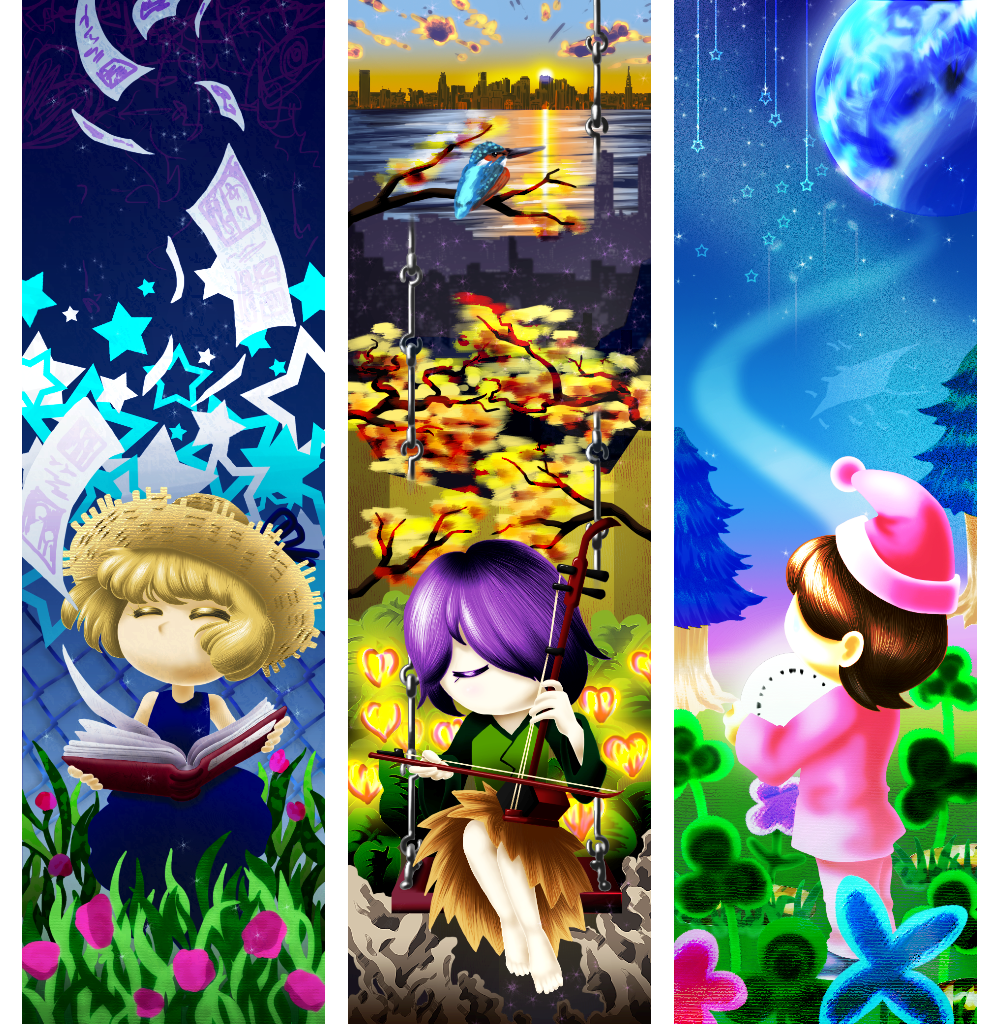 3girls, =_=, animal_request, artist_request, barefoot, bird, blonde_hair, book