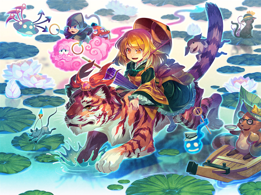 1girl, ajirogasa, animalization, asymmetrical_wings, blonde_hair, boat, cat, flower