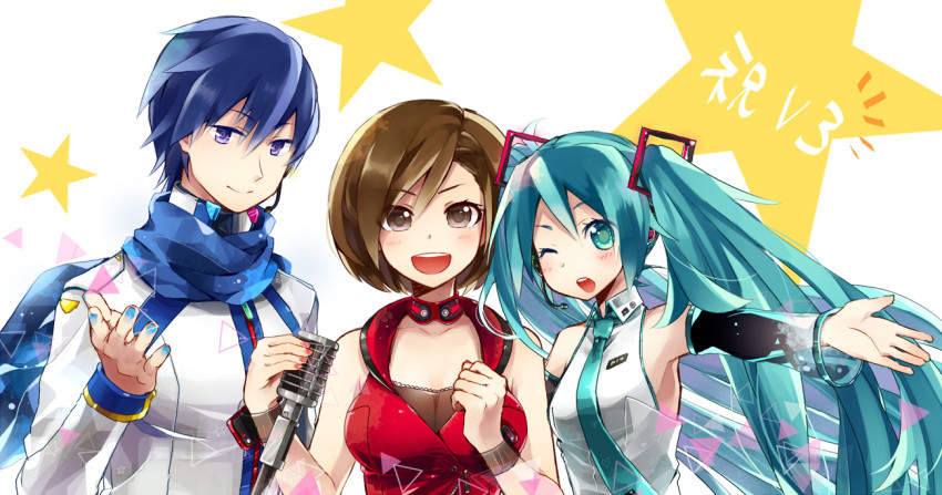 1boy, 2girls, aqua_hair, blue_eyes, blue_hair, blue_scarf, brown_eyes, brown_hair, detached_sleeves, green_eyes, hatsune_miku, hatsune_miku_(vocaloid3), headset, kaito_(vocaloid), kawara_mochi, long_hair, meiko_(vocaloid), meiko_(vocaloid3), microphone, multiple_girls, nail_polish, necktie, one_eye_closed, open_mouth, outstretched_arm, redbear07, scarf, short_hair, smile, star_(symbol), twintails, upper_body, vocaloid, wink