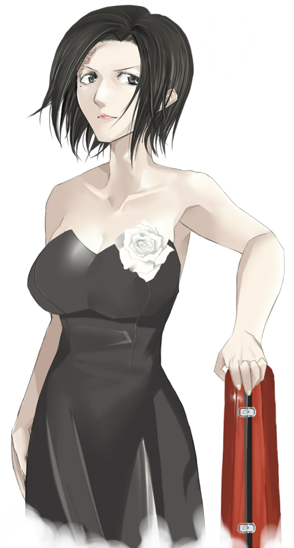 1girl, armored_core, armored_core:_project_phantasma, bad_id, bad_pixiv_id, bare_shoulders, black_dress, black_eyes, black_hair, dress, female_focus, flower, fromsoftware, kawaguchi_yukihiro, mole, mole_under_eye, rose, scar, solo, strapless, strapless_dress, sumika_juutilainen, white_flower, white_rose