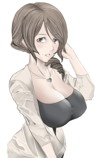1girl, armored_core, armored_core_2, bad_id, bad_pixiv_id, breasts, brown_eyes, brown_hair, cleavage, drill_hair, female_focus, fromsoftware, huge_breasts, jewelry, kawaguchi_yukihiro, mature_female, mole, mole_above_mouth, necklace, nell_aulter, shirt, solo