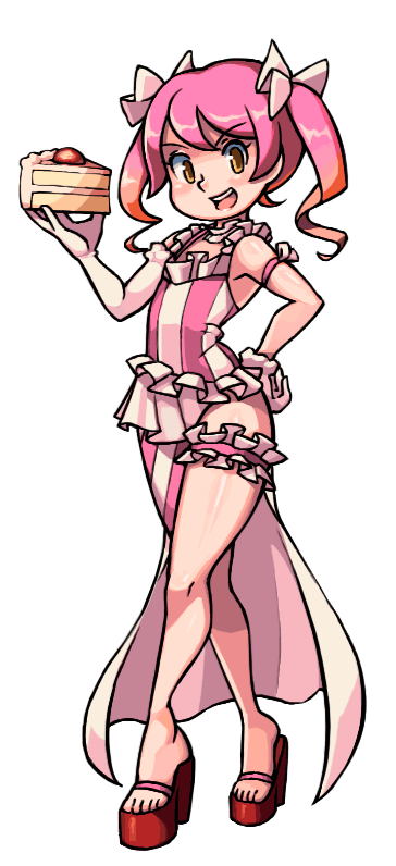 1girl, alex_ahad_(style), animated, animated_gif, asymmetrical_legwear, blush_stickers, cake, crossed_legs, cupcake-chan, dan_kim, english_text, engrish_text, female_focus, food, frilled_thigh_strap, frills, gloves, hair_ribbon, hand_on_own_hip, looking_at_viewer, magical_girl, mismatched_legwear, open_mouth, orange_eyes, original, parody, pink_hair, platform_footwear, platform_heels, platform_sandals, ranguage, ribbon, sandals, showgirl_skirt, skullgirls, smile, solo, standing, striped, style_parody, thigh_strap, toes, transparent_background, twintails, vertical_stripes, watson_cross, wide_hips