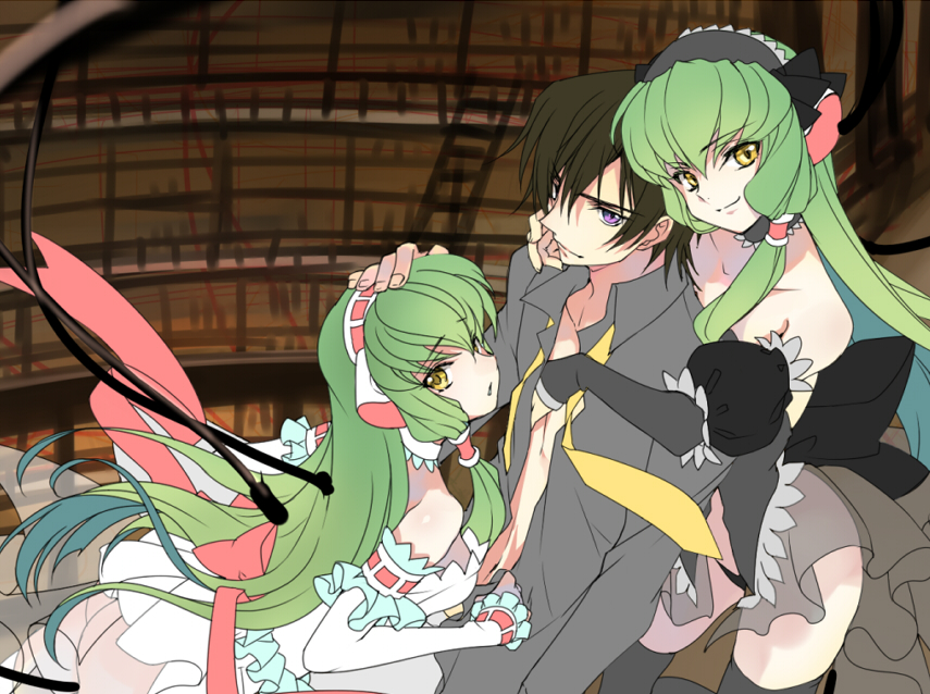 1boy, 2girls, c.c., chii, chii_(cosplay), chobits, choker, code_geass, cosplay, creayus, detached_sleeves, dual_persona, elda, elda_(cosplay), flat_color, frills, green_hair, headdress, lelouch_vi_britannia, multiple_girls, puffy_sleeves, robot_ears, see-through_clothes, smile, thighhighs, unfinished, yellow_eyes