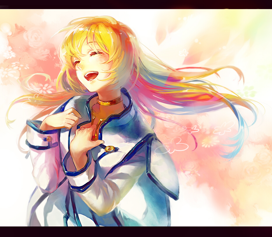 00s, 1girl, blonde_hair, blouse, closed_eyes, colette_brunel, female_focus, fuji_azuki, happy, letterboxed, long_hair, shirt, smile, solo, tales_of_(series), tales_of_symphonia, white_shirt