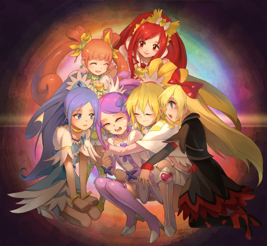 6+girls, aida_mana, animal_print, arm_warmers, asymmetrical_clothes, bat_print, black_jacket, black_socks