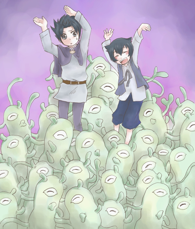 2boys, bad_id, bad_pixiv_id, dancing, druaga_no_tou, gradient_background, jil, male_focus