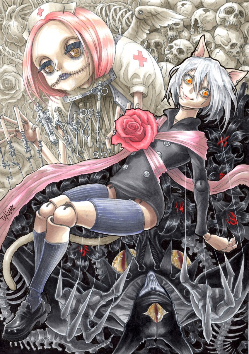 absurdres, androgynous, animal_ears, black_theme, cat_ears, claws, doctor_blythe, doll_joints, flower, gender_request, glasgow_smile, hat, heart_(organ), highres, hunter_x_hunter, joints, neferpitou, nurse_cap, objectification, orange_eyes, other_focus, pink_hair, puppet_strings, purple_lips, rose, scalpel, signature, skeleton, skull, smile, spikes, stitched_mouth, stitches, string, syringe, takumi_(marlboro), terpsichora, white_hair, white_theme, wings